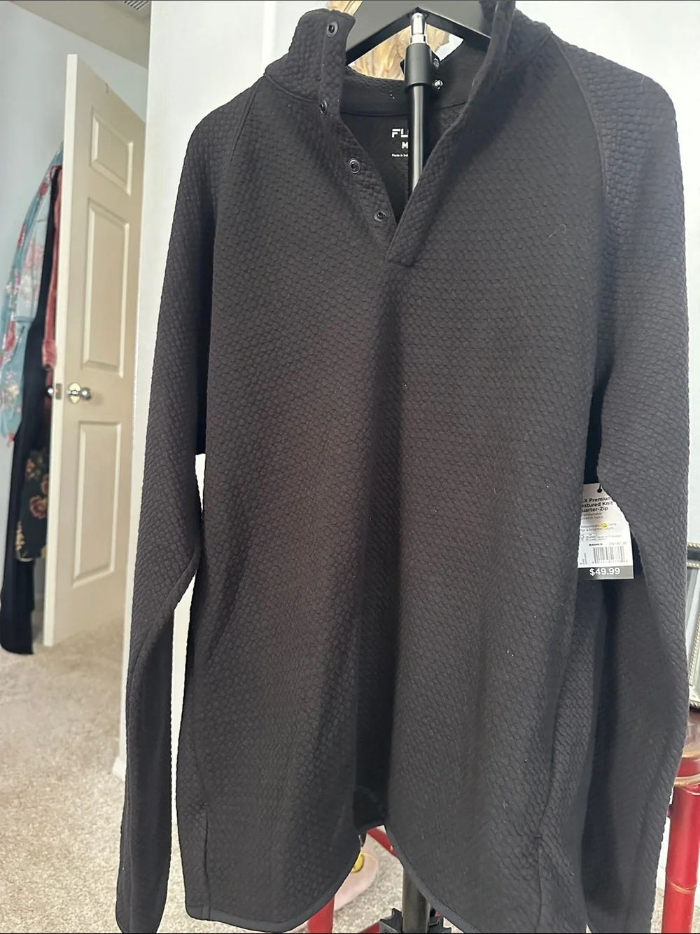 FLEECE-LIKE Black Men’s Zip-Up Quilted Mock Neck Sweater